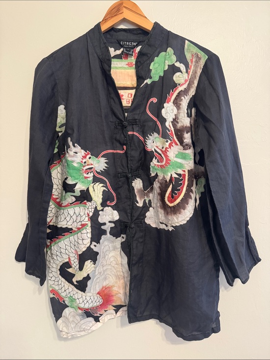 Citron Santa Monica Tops - Citron Santa Monica Large Black Chinese Dragon Wearable Art Blouse Shirt Top